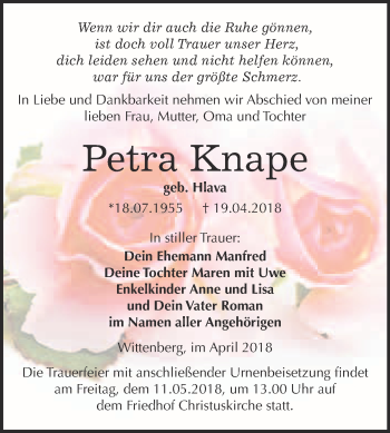 Traueranzeige von Petra Knape von Super Sonntag Wittenberg