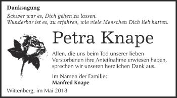 Traueranzeige von Petra Knape von Super Sonntag Wittenberg