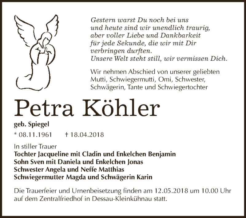  Traueranzeige für Petra Köhler vom 05.05.2018 aus WVG - Wochenspiegel Dessau / Köthen