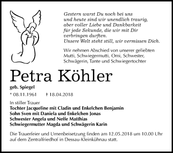 Traueranzeige von Petra Köhler von Mitteldeutsche Zeitung Dessau-Roßlau