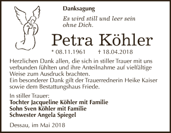 Traueranzeige von Petra Köhler von WVG - Wochenspiegel Dessau / Köthen