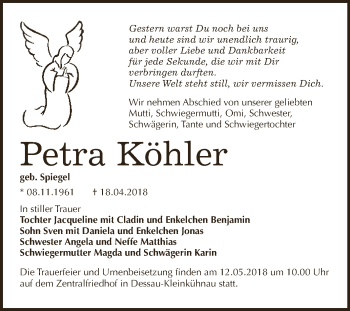 Traueranzeige von Petra Köhler von WVG - Wochenspiegel Dessau / Köthen
