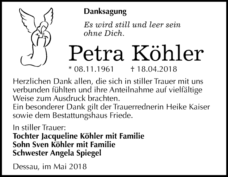  Traueranzeige für Petra Köhler vom 26.05.2018 aus Mitteldeutsche Zeitung