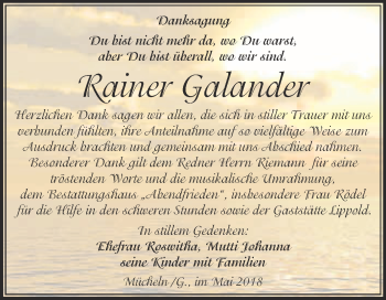 Traueranzeige von Rainer Galander von WVG - Wochenspiegel Merseburg