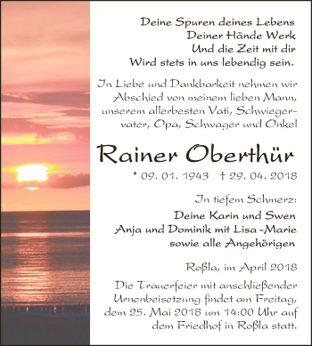 Traueranzeige von Rainer Oberthür von Super Sonntag SGH Mansf. Land