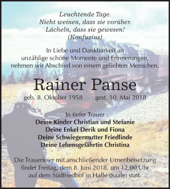 Traueranzeige von Rainer Panse von Mitteldeutsche Zeitung Halle/Saalkreis