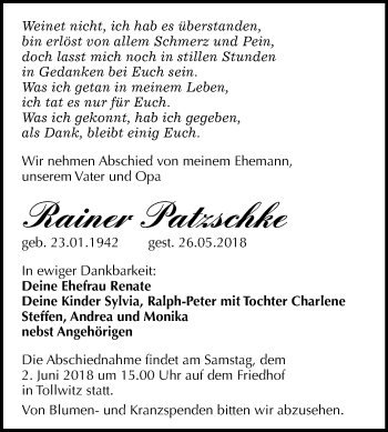 Traueranzeige von Rainer Patzschke von Mitteldeutsche Zeitung Merseburg/Querfurt