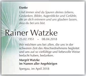 Traueranzeige von Rainer Watzke von WVG - Wochenspiegel Merseburg