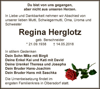 Traueranzeige von Regina Herglotz von WVG - Wochenspiegel SGH