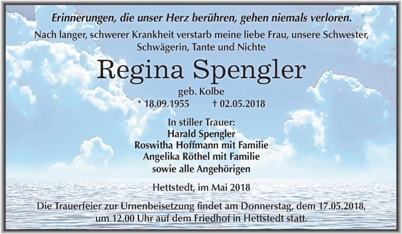  Traueranzeige für Regina Spengler vom 09.05.2018 aus Mitteldeutsche Zeitung