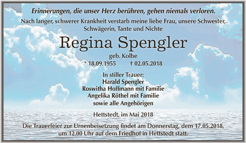  Traueranzeige für Regina Spengler vom 12.05.2018 aus Super Sonntag SGH Mansf. Land
