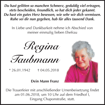 Traueranzeige von Regina Taubmann von Mitteldeutsche Zeitung Dessau-Roßlau