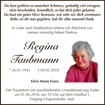 Traueranzeige von Regina Taubmann von WVG - Wochenspiegel Dessau / Köthen