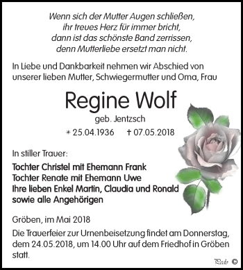 Traueranzeige von Regine Wolf von Mitteldeutsche Zeitung Weißenfels