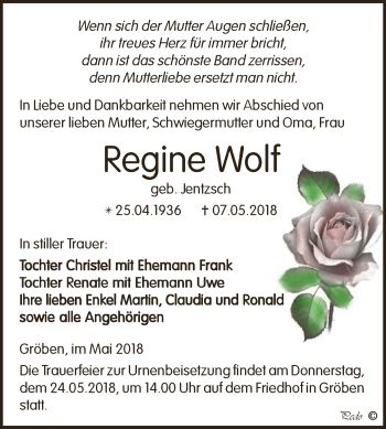 Traueranzeige von Regine Wolf von WVG - Wochenspiegel NMB / WSF / ZTZ