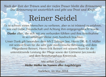 Traueranzeige von Reiner Seidel von Super Sonntag SGH Mansf. Land