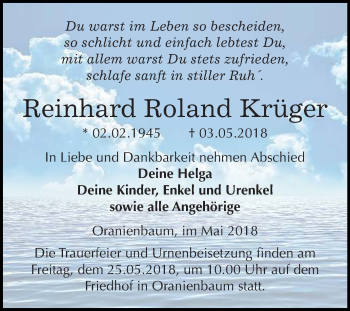 Traueranzeige von Reinhard Roland Krüger von WVG - Wochenspiegel Wittenberg