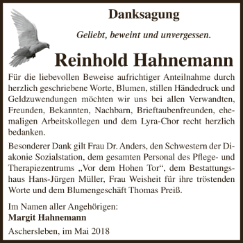 Traueranzeige von Reinhold Hahnemann von Super Sonntag Aschersleben