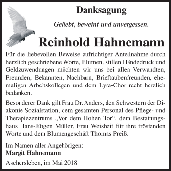 Traueranzeige von Reinhold Hahnemann von Mitteldeutsche Zeitung Aschersleben