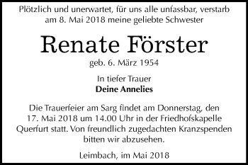 Traueranzeige von Renate Förster von Mitteldeutsche Zeitung Merseburg/Querfurt