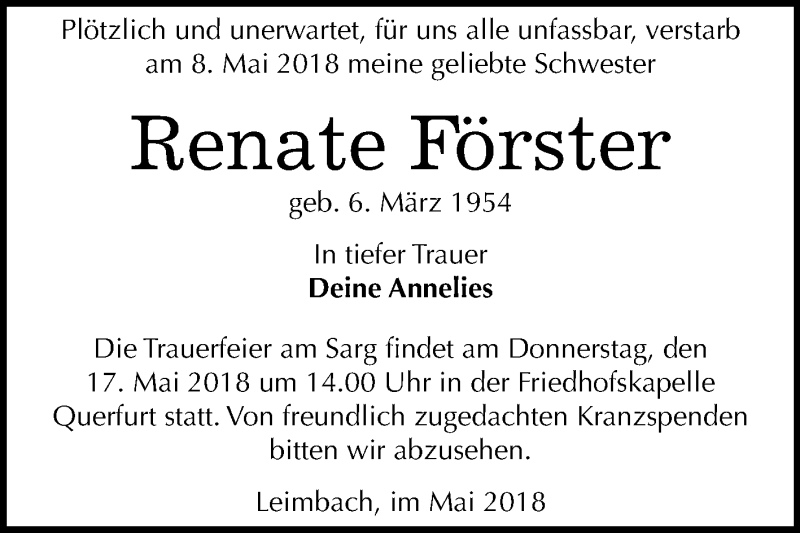  Traueranzeige für Renate Förster vom 15.05.2018 aus Mitteldeutsche Zeitung Merseburg/Querfurt