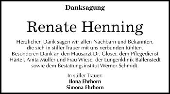 Traueranzeige von Renate Henning von WVG - Wochenspiegel Quedlinburg