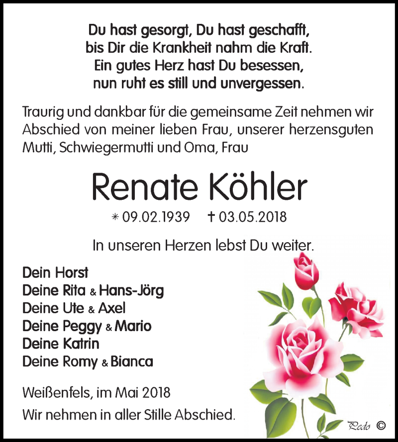  Traueranzeige für Renate Köhler vom 12.05.2018 aus Mitteldeutsche Zeitung Weißenfels