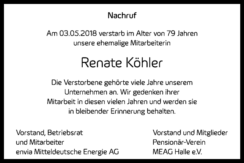  Traueranzeige für Renate Köhler vom 19.05.2018 aus Mitteldeutsche Zeitung Weißenfels