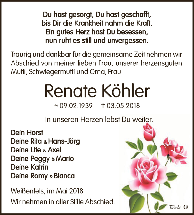  Traueranzeige für Renate Köhler vom 26.05.2018 aus WVG - Wochenspiegel NMB / WSF / ZTZ