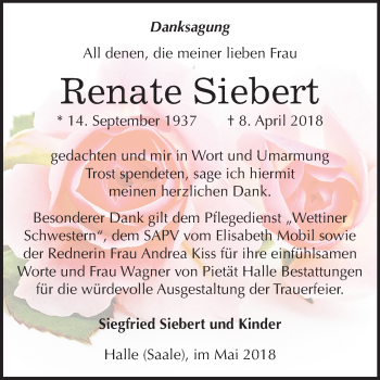 Traueranzeige von Renate Siebert von Mitteldeutsche Zeitung Halle/Saalkreis