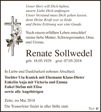 Traueranzeige von Renate Sollwedel von Super Sonntag Zeitz