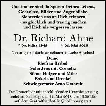 Traueranzeige von Richard Ahne von Mitteldeutsche Zeitung Quedlinburg