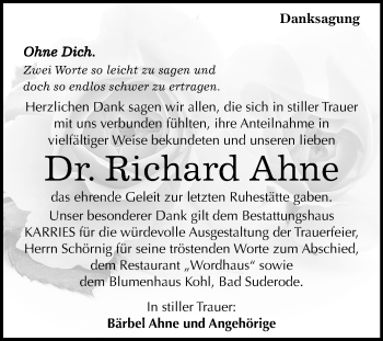 Traueranzeige von Richard Ahne von Mitteldeutsche Zeitung Quedlinburg