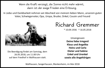 Traueranzeige von Richard Gremmer von Mitteldeutsche Zeitung Sangerhausen