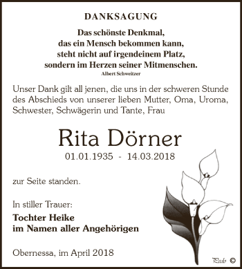 Traueranzeige von Rita Dörner von WVG - Wochenspiegel NMB / WSF / ZTZ