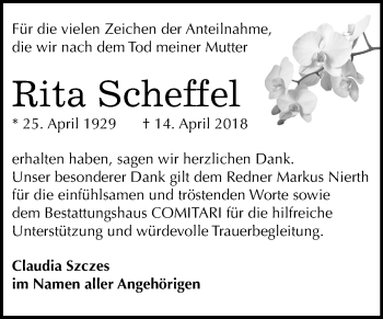 Traueranzeige von Rita Scheffel von Mitteldeutsche Zeitung Zeitz