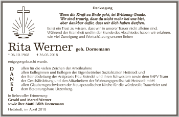 Traueranzeige von Rita Werner von Wochenspiegel Mansfelder Land
