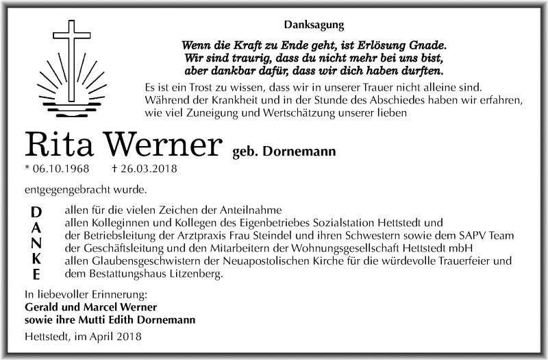  Traueranzeige für Rita Werner vom 02.05.2018 aus Mitteldeutsche Zeitung