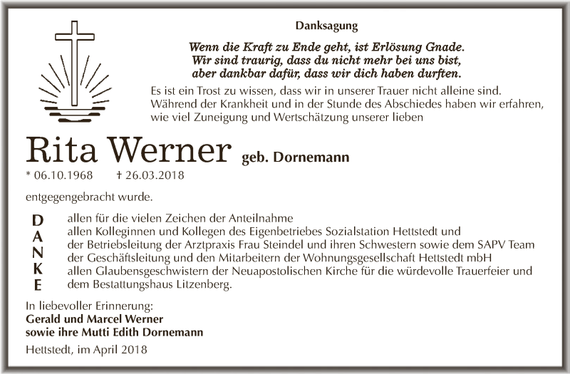  Traueranzeige für Rita Werner vom 02.05.2018 aus Wochenspiegel Mansfelder Land