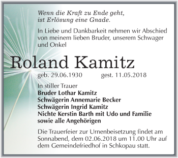 Traueranzeige von Roland Kamitz von Mitteldeutsche Zeitung