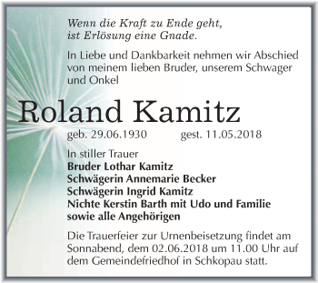 Traueranzeige von Roland Kamitz von WVG - Wochenspiegel Merseburg