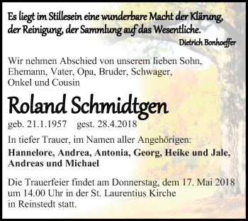 Traueranzeige von Roland Schmidtgen von Mitteldeutsche Zeitung Quedlinburg