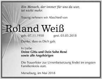 Traueranzeige von Roland Weiß von WVG - Wochenspiegel Merseburg