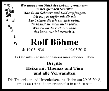 Traueranzeige von Rolf Böhme von Mitteldeutsche Zeitung Dessau-Roßlau