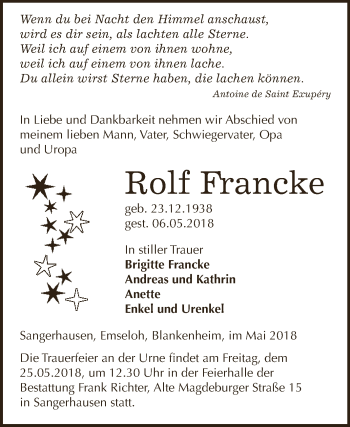 Traueranzeige von Rolf Francke von Super Sonntag SGH Mansf. Land