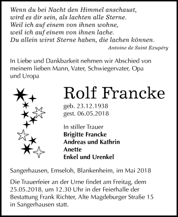 Traueranzeige von Rolf Francke von Mitteldeutsche Zeitung Sangerhausen