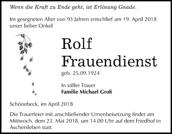 Traueranzeige von Rolf Frauendienst von Mitteldeutsche Zeitung Aschersleben
