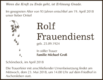 Traueranzeige von Rolf Frauendienst von Super Sonntag Aschersleben