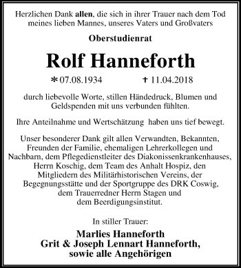 Traueranzeige von Rolf Hanneforth von Mitteldeutsche Zeitung Dessau-Roßlau