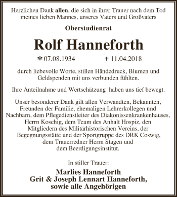 Traueranzeige von Rolf Hanneforth von WVG - Wochenspiegel Dessau / Köthen